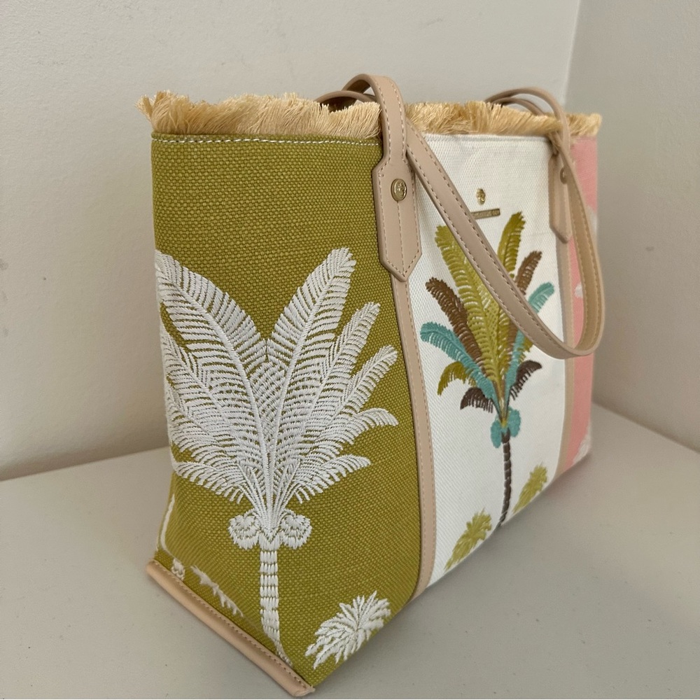 Spartina 449 Palm Tote Bag Embroidered Canvas Leather Trim Fringe Top Coastal - Picture 9 of 11